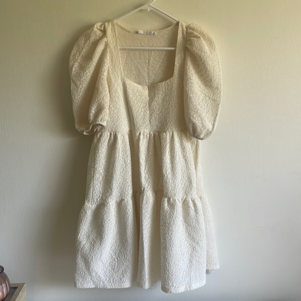 Mango cream animal print puffy sleeve dress